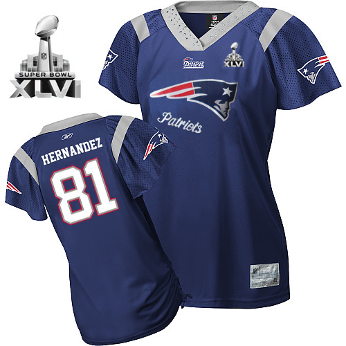 Patriots #81 Aaron Hernandez Blue 2011 Women's Field Flirt Super Bowl XLVI Stitched NFL Jersey